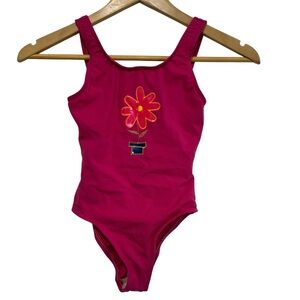 Vtg NWT Talbots Kids Pink One Piece Swimsuit with Floral Appliqué Size 7 USA